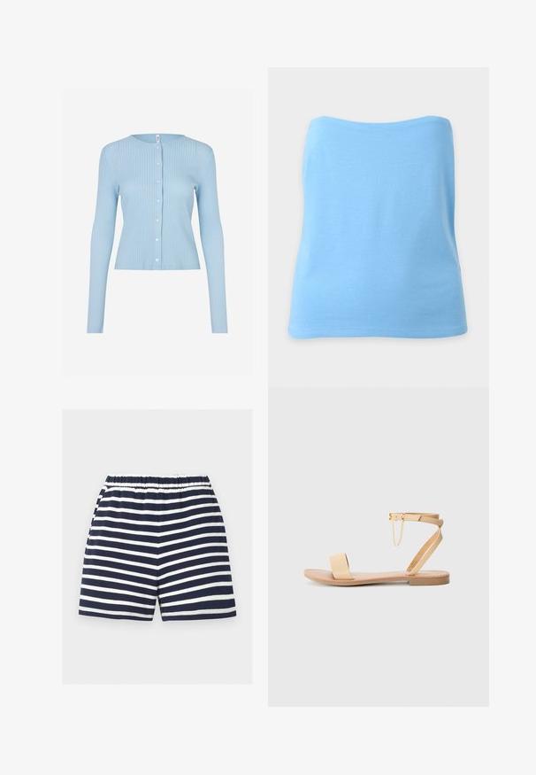 Lyseblå ribstrikket cardigan med lange ærmer og rund udskæring, med knappelukning foran og en tætsiddende pasform.; Lyseblå stropfri tube top med simpelt design og glat stof vist mod en ensfarvet baggrund.; Marineblå og hvide vandrette stripede shorts med elastisk taljebånd, afslappet pasform med lige kant.; Beige flad sandal med en enkelt bred rem, ankelrem med spænde og dekorativ kæde detalje. Glat læderlignende tekstur og flad sål.