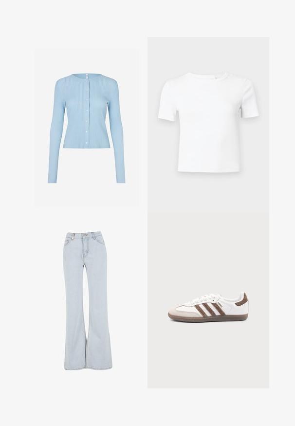 Lyseblå ribstrikket cardigan med lange ærmer og rund udskæring, med knappelukning foran og en tætsiddende pasform.; Hvid T-shirt med korte ærmer lavet af ribstrikket stof, med rund hals og en tætsiddende pasform, ideel til lag-på-lag eller afslappet brug.; Lyseblå udsvingende jeans lavet af denim med høj talje, fem lommer og kontrasterende syninger langs sømmene.; Hvid Adidas Samba sneaker med brune ruskindstriber, brun gummisål og beige ruskindståhætte, vist fra ydersiden på en ensfarvet baggrund.