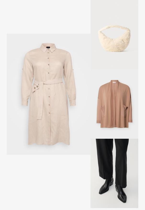 Beige cardigan med åben front, lange ærmer og to forlommer, vist mod en hvid baggrund.; Lys beige skjortekjole lavet af linned, med krave, lange ærmer, frontlukning med knapper og et bundet bælte i taljen.; Sorte læder ankelstøvler med spids tå, glat tekstur og firkantet hæl. Kombinationen med sorte, vide bukser skaber en slank silhuet.; Cremefarvet taske med en blød, fluffy tekstur. Buet form og en bred rem til at bære. Simpelt design, ingen synlige hardware eller accenter.