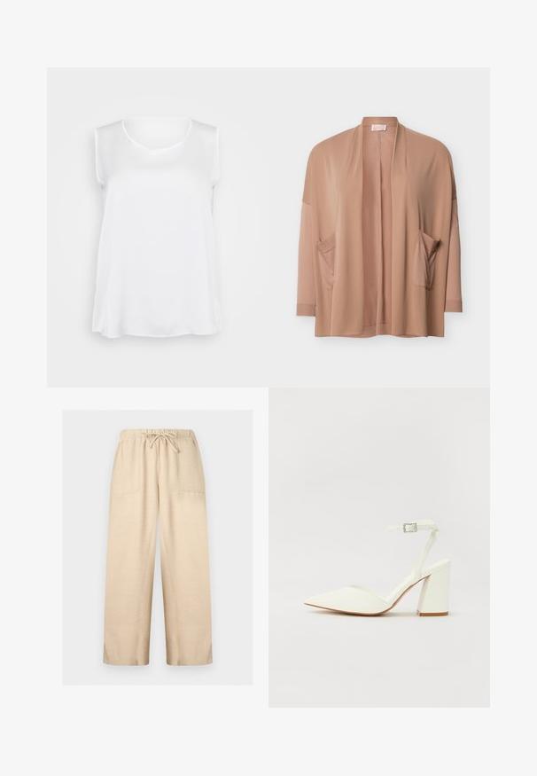Beige cardigan med åben front, lange ærmer og to forlommer, vist mod en hvid baggrund.; Hvid ærmeløs top med en glat tekstur, v-hals og afslappet pasform. Lidt buet kant og sideslids for forbedret bevægelse.; Beige vidde bukser med elastisk talje, justerbar snøre og to forlommer, lavet af let tekstureret stof.; Hvide hælede sandaler med spids tå, justerbar ankelrem og en kraftig firkantet hæl. Glat tekstur med minimale syninger.