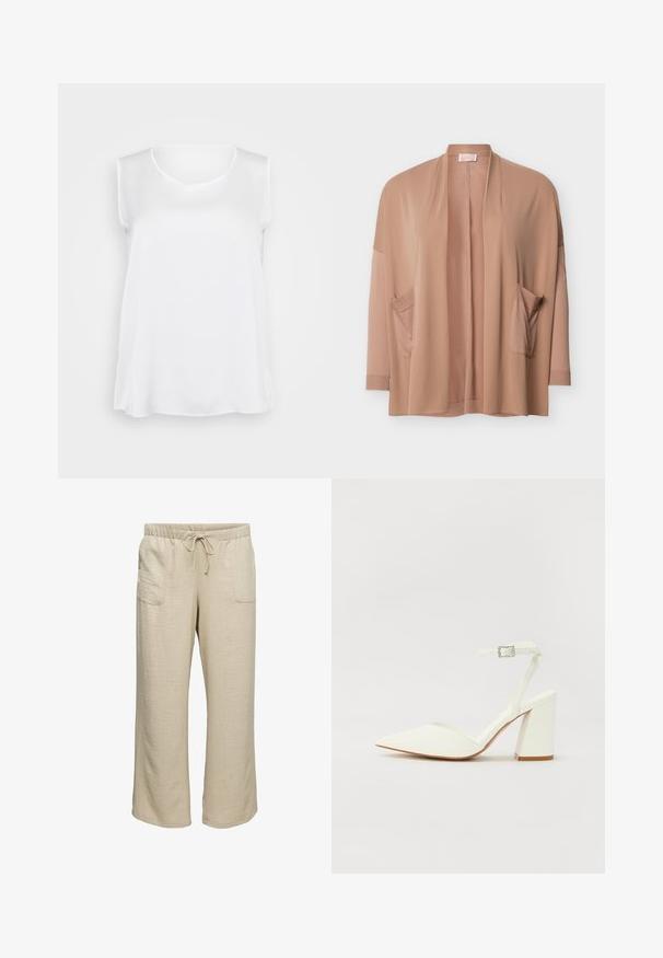 Beige cardigan med åben front, lange ærmer og to forlommer, vist mod en hvid baggrund.; Hvid ærmeløs top med en glat tekstur, v-hals og afslappet pasform. Lidt buet kant og sideslids for forbedret bevægelse.; Beige bukser med vide ben, snor i taljen og forlommer, lavet af tekstureret let stof.; Hvide hælede sandaler med spids tå, justerbar ankelrem og en kraftig firkantet hæl. Glat tekstur med minimale syninger.