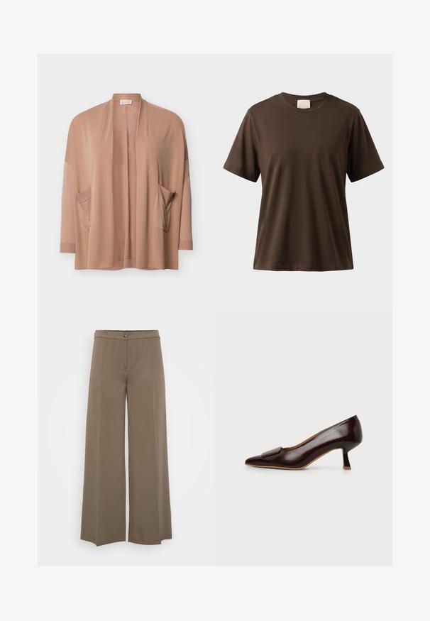 Cárdigan beige abierto al frente con mangas largas y dos bolsillos delanteros, presentado sobre un fondo blanco.; Camiseta lisa marrón de manga corta con cuello redondo y ajuste holgado, exhibida sobre un fondo neutro.; Pantalones de pierna ancha en un tejido marrón sólido, con cierre de botón, frente plano y textura suave, diseñados para un ajuste relajado.; Zapato de mujer de piel marrón oscura con tacón bajo, punta afilada y hebilla decorativa sobre fondo neutro.