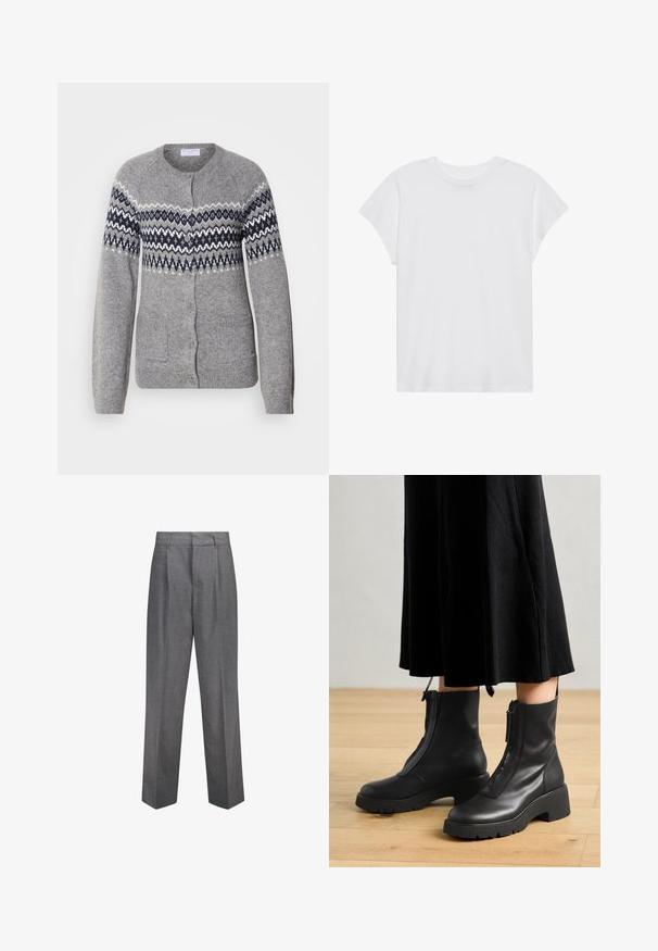 Cárdigan gris de punto con cuello redondo, patrones geométricos en azul marino y blanco en el pecho, cierre de botones y dos bolsillos frontales.; Camiseta blanca de manga corta con cuello redondo, corte relajado, hecha de suave tela de algodón. Textura lisa, sin estampados ni logotipos.; Pantalones de corte gris con pierna recta, que presentan pliegues frontales, una textura suave y un diseño de cintura clásica.; Botas de tobillo de cuero negro con suela de plataforma gruesa y cremallera delantera. Textura suave con un diseño minimalista.