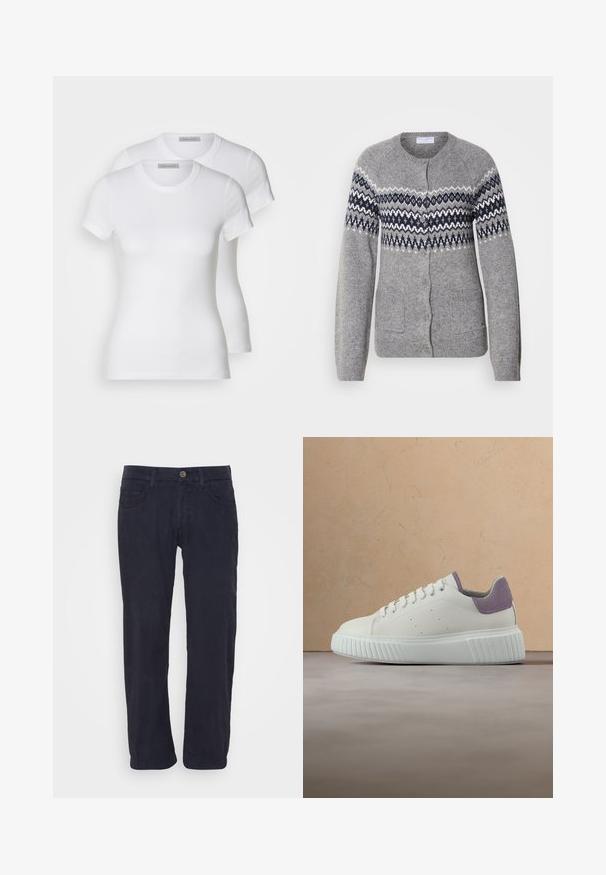 Grijze gebreide cardigan met een ronde hals, marineblauwe en witte geometrische patronen op de borst, knoopsluiting en twee voorzakken.; Twee witte katoenen t-shirts met korte mouwen, ronde halslijnen en een getailleerd silhouet, met een zachte textuur en minimalistisch ontwerp.; Marc O'Polo 5 POCKET MID WAIST SLIM FIT 7 8 LENGTH - Broek - deep blue sea; Witte sneaker met paarse suède hiel, witte veters, dikke getextureerde zool, zwevend boven een beige tapijt en bankachtergrond.
