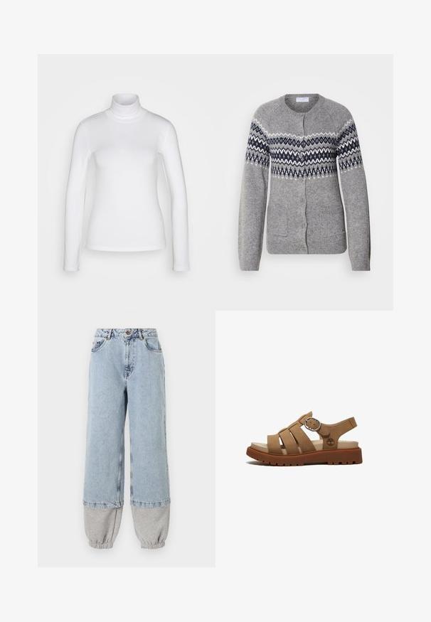 Grijze gebreide cardigan met een ronde hals, marineblauwe en witte geometrische patronen op de borst, knoopsluiting en twee voorzakken.; Witte langemouwen turtle neck shirt van een soepel, rekbaar stof. Heeft een strakke pasvorm en een hoge kraag. Geen zichtbare patronen of accenten.; Lichtblauwe spijkerbroek met een losse pasvorm, voorzien van grijze katoenen boorden aan de onderkant en standaard zakken. Klassiek vijfzakend ontwerp.; Bruine leren sandaal met open teen, drie riemen, verstelbare enkelriem, gevoerde zool en robuuste geribbelde rubberen buitenzool.
