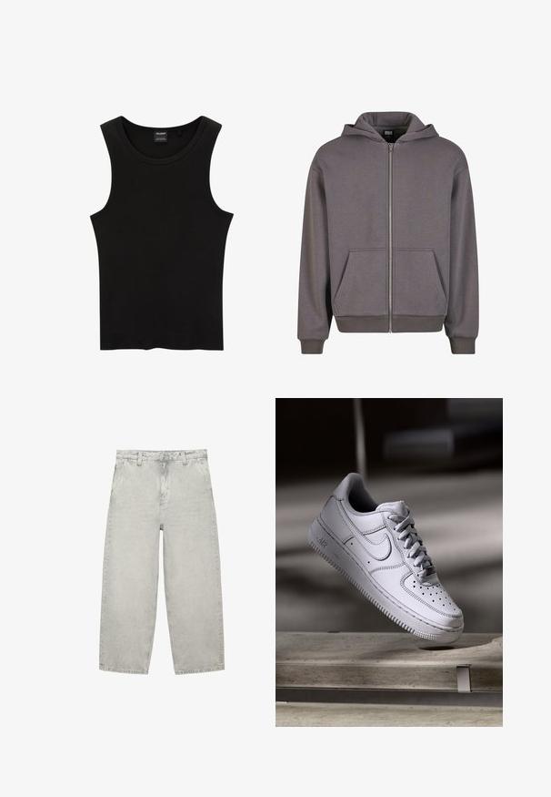 Grauer Zip-Up-Hoodie mit Kängurutasche, gerippten Bündchen und Saum. Hergestellt aus weicher, glatter Stoffqualität. Mit einer verstellbaren Kapuze.; Schwarzes, geripptes Tanktop mit rundem Halsausschnitt und weiten Armausschnitten, aus einem weichen, dehnbaren Stoff. Marke: Pull&Bear.; Hellgraue Jeans mit geradem Bein, Fronttaschen, Gürtelschlaufen und einer Knopfleiste vor weißem Hintergrund.; Weißer Nike Air Force 1 Sneaker aus Leder mit perforierter Zehenpartie, flachen Schnürsenkeln und strukturierter Gummisohle mit "AIR"-Branding an der Seite.