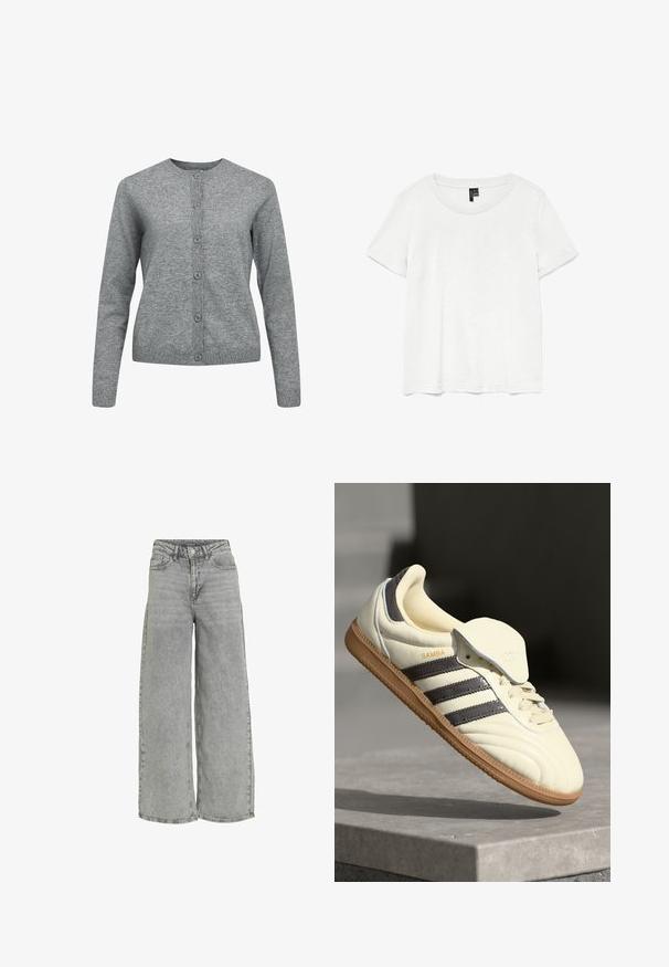 Cardigan en tricot gris avec col rond, manches longues et fermeture à boutons. Présente des poignets et un ourlet côtelés avec une texture douce et lisse.; T-shirt blanc à manches courtes avec un col rond, fabriqué en tissu léger. Design simple, texture lisse et ourlet droit.; Jeans large en denim gris clair avec une taille haute, deux poches avant et une texture subtilement décolorée. Fermeture classique par bouton et zip.; Baskets en cuir crème avec trois bandes sombres, une semelle extérieure en gomme marron et un bout arrondi. Présentent une languette pliable étiquetée "SAMBA."