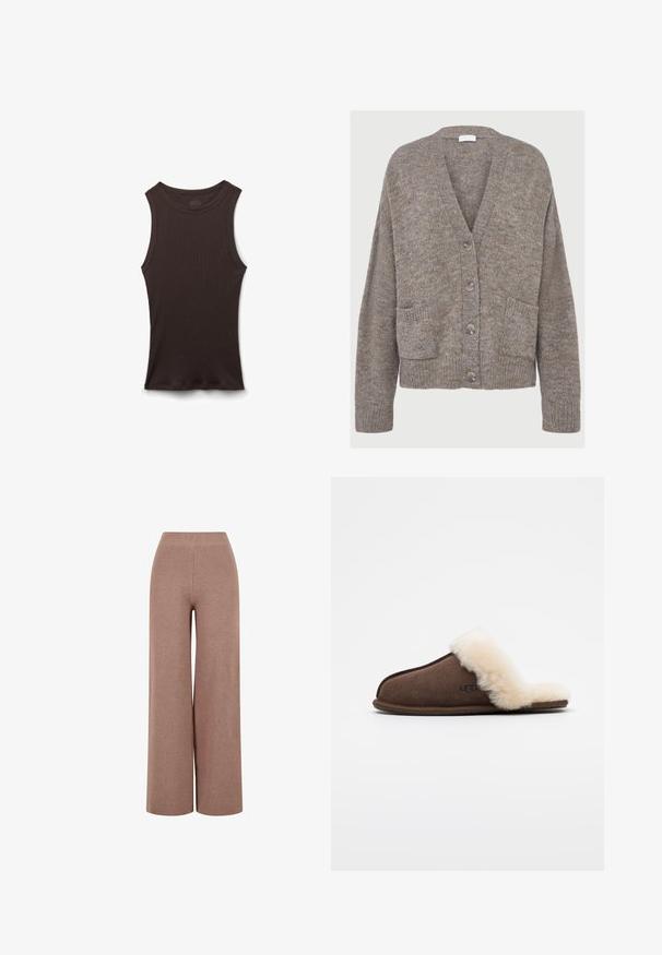 Brun strikket cardigan med lange ærmer, V-udskæring, fire knapper ned foran og to frontlommer.; Ærmeløs sort ribstrikket tanktop med rund halsudskæring, vist liggende fladt på en hvid baggrund.; Brune, vide strikkede bukser med et tekstureret stof, der har en elastisk talje og en løs pasform for komfort.; Brun ruskindssofa med en cremefarvet fåreskindsforing og en afrundet tå. Har sort UGG-logo på siden og en flad sål.
