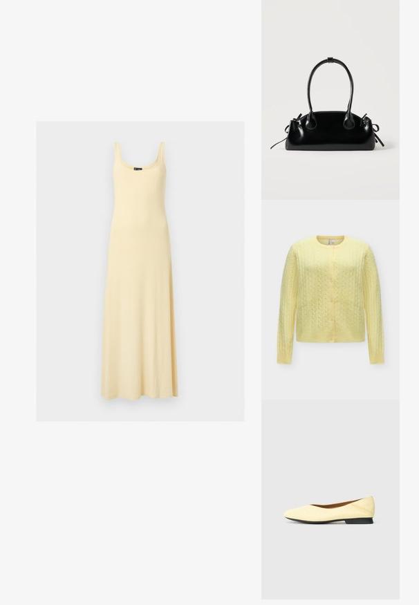 Cardigan jaune doux en maille torsadée, manches longues, encolure ronde et fermeture devant avec cinq boutons.; Robe maxi jaune clair sans manches avec encolure dégagée, corsage ajusté et jupe fluide sur fond uni.; Chaussure plate jaune avec une finition en cuir lisse, bout pointu et petit talon noir. Design minimaliste avec des détails de coutures discrètes.; Petit sac à main noir brillant avec deux longues anses et des détails à cordon sur les côtés sur un fond clair uni.