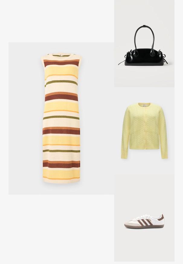 Cardigan jaune doux en maille torsadée, manches longues, encolure ronde et fermeture devant avec cinq boutons.; Robe tricotée sans manches à rayures horizontales dans les tons crème, jaune, rouille, olive et orange, dotée d'un col rond.; Baskets Adidas Samba blanches avec des bandes en daim marron, semelle en caoutchouc marron et bout en daim beige, vues du côté extérieur sur un fond uni.; Petit sac à main noir brillant avec deux longues anses et des détails à cordon sur les côtés sur un fond clair uni.