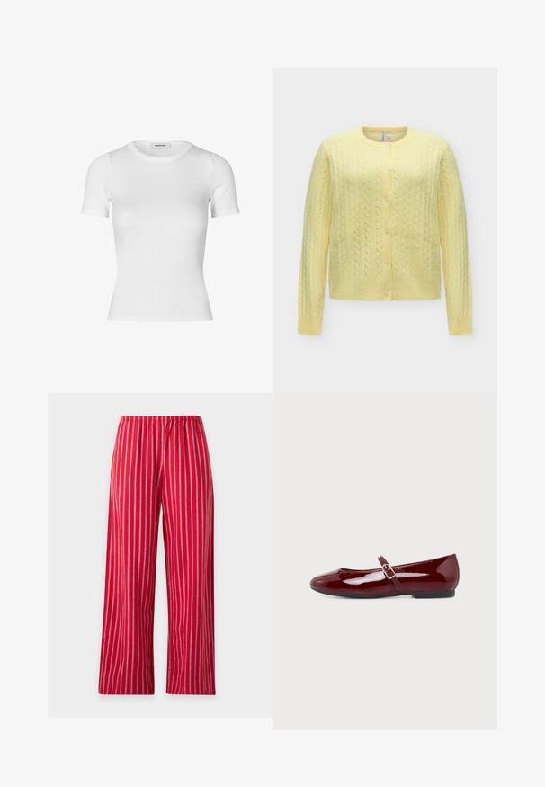 Cardigan jaune doux en maille torsadée, manches longues, encolure ronde et fermeture devant avec cinq boutons.; T-shirt blanc à manches courtes en tissu côtelé. Comprend un col rond et une silhouette ajustée. Texture lisse sans motifs.; Pantalon rouge à rayures verticales blanches, ceinture élastique et jambes droites, présenté sur un fond uni clair.; Chaussure plate Mary Jane en cuir verni rouge foncé brillant avec une petite bride à boucle et une semelle noire, vue de côté sur fond blanc.