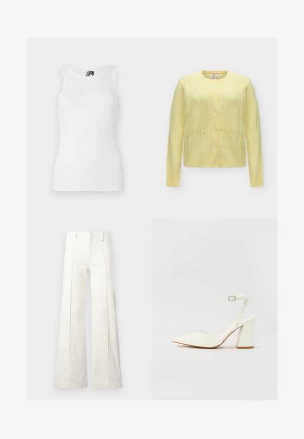 Cárdigan amarillo suave de punto trenzado, con mangas largas, cuello redondo y cierre delantero con cinco botones.; Top de tirantes blanco con canalé, que presenta un escote redondo y un diseño sin mangas, hecho de una suave mezcla de algodón con una silueta ajustada.; Pantalones blancos de tiro alto y pernera ancha con costuras frontales y trabillas para cinturón, mostrados sobre un fondo claro y sencillo.; Sandalia blanca de tacón con puntera afilada, correa ajustable en el tobillo y un tacón cuadrado grueso. Textura lisa con detalles de costura mínimos.