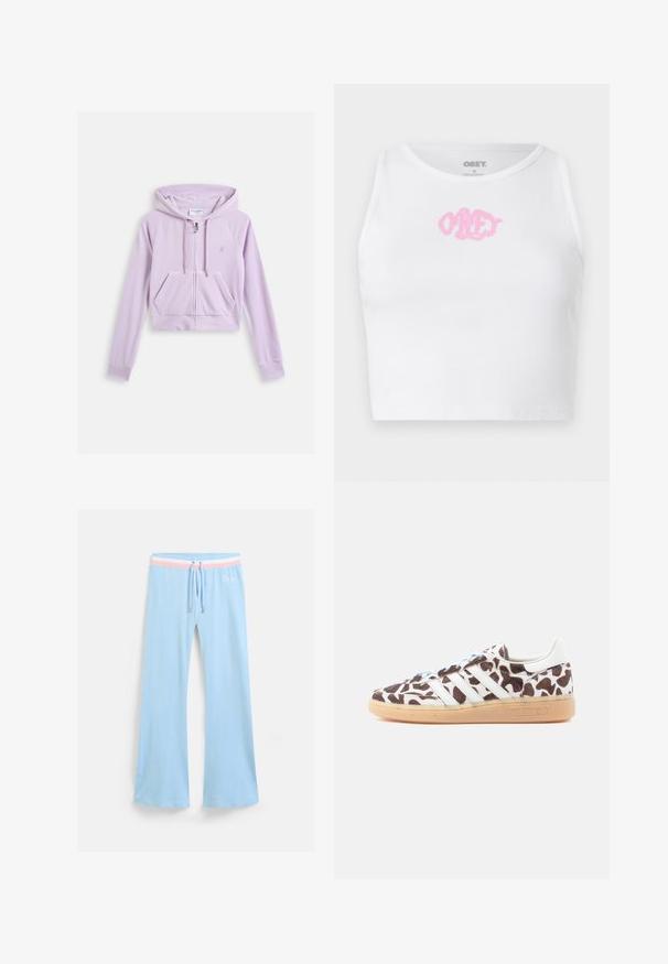 Kort lavendel hoodie met een rits aan de voorkant, kangoeroezak en een capuchon met trekkoord. Bevat een geborduurd logo op de borst. Zachte stoftextuur.; Witte geribde cropped top met een roze "OBEY" logo in het midden. Ontworpen met een ronde halslijn en zonder mouwen.; Lichtblauwe uitlopende sweatpants met een trekkoord in de taille. Voorzien van een roze en witte gestreepteaccent en geborduurd logo. Zachte stoftextuur.; Adidas sneakers met een bruin-wit koeienprint. Voorzien van witte strepen, lichtblauwe veters en een gumzool. Textuur bovenmateriaal.