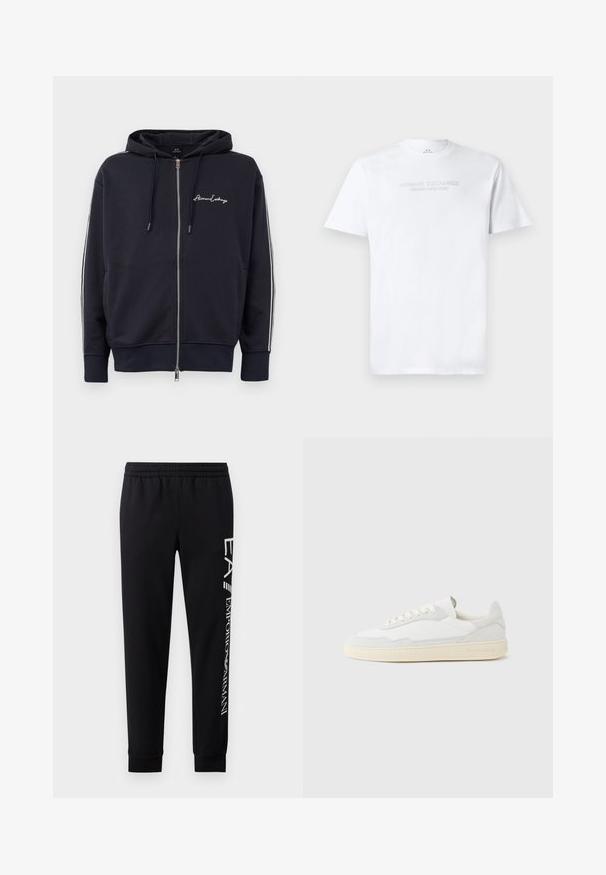 Námornícky modrá mikina s kapucňou na zips s bielymi bočnými pruhmi a logom "Armani Exchange" na ľavej hrudi.; Biela bavlnená tričko s okrúhlym výstrihom, krátkymi rukávmi a embosovaným logom "ARMANI EXCHANGE MILANO/NEW YORK" na prednej strane.; Čierne tepláky vyrobené z bavlnenej zmesi, s elastickým pásom, zúženými nohavicami, ribovanými manžetami a bielym logom na boku.; Biela teniska s jemne štruktúrovaným zvrškom zo semišu a kože. Má zaoblenú špičku, viazanie na šnúrky a kontrastnú béžovú gumovú podrážku.