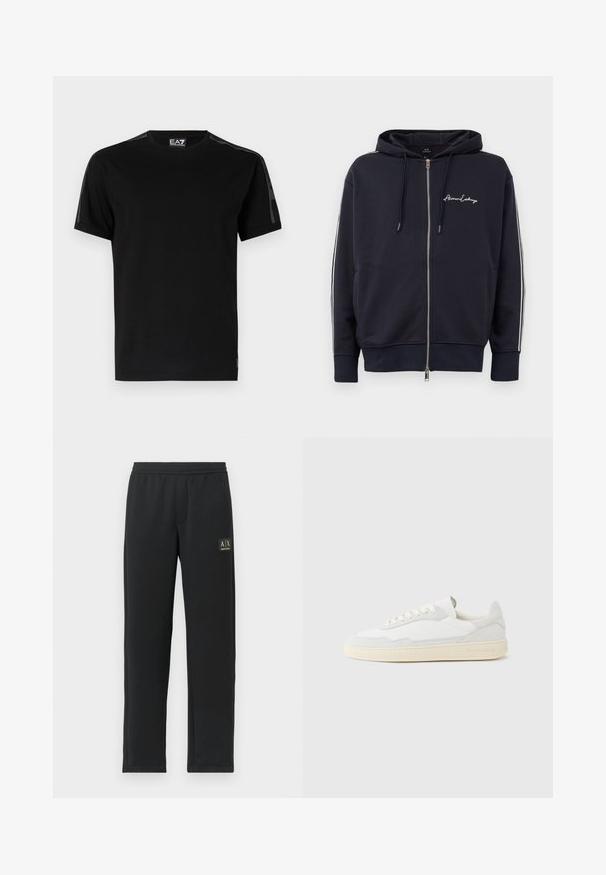 Námornícky modrá mikina s kapucňou na zips s bielymi bočnými pruhmi a logom "Armani Exchange" na ľavej hrudi.; Čierne tričko vyrobené z bavlny, s krátkymi rukávmi, okrúhlym výstrihom, sieťovými bočnými panelmi a malou logom na leme.; Čierne teplákové nohavice s rovnými nohavicami, elastickým pásom a čiernym nášivkou loga na hornej ľavej stehne.; Biela teniska s jemne štruktúrovaným zvrškom zo semišu a kože. Má zaoblenú špičku, viazanie na šnúrky a kontrastnú béžovú gumovú podrážku.
