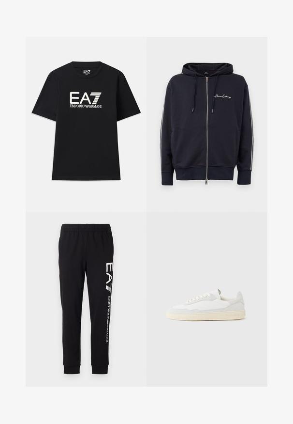 Marineblå hættetrøje med lynlås og hvide sidestrimler samt "Armani Exchange" logo på venstre bryst.; Sort t-shirt lavet af bomuld, med rund hals og korte ærmer. Broderet logo "EA7 EMPORIO ARMANI" i hvid på fronten.; Sorte sweatpants lavet af strækbart stof. Har en elastisk talje, tapered manchetter og hvid branding på venstre ben.; Hvid sneakers med en øvre del i tekstureret ruskind og læder. Har rundet tå, snørelukning og kontrasterende beige gummisål.
