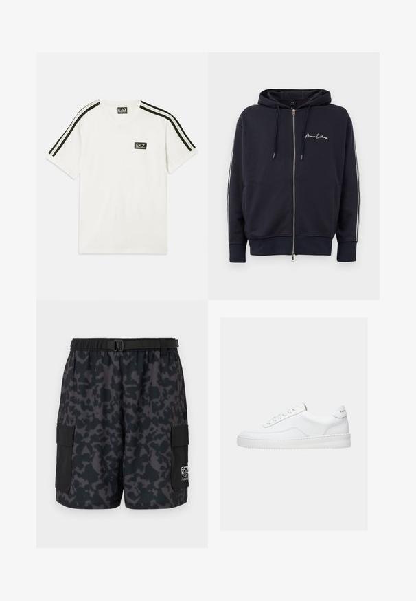 Námornícky modrá mikina s kapucňou na zips s bielymi bočnými pruhmi a logom "Armani Exchange" na ľavej hrudi.; Biela bavlnená tričko s okrúhlym výstrihom, krátkymi rukávmi, čiernymi akcentovými pruhmi na pleciach a malým logom EA7 na hrudi.; Čierne šortky s tmavým maskáčovým vzorom, elastický pás, bočné vrecká a opasok s prackou. Vyrobené z ľahkého, pohodlného materiálu.; Biela nízka teniska so šnurovacím dizajnom, hladkým koženým zvrškom a hrubou podrážkou, zobrazená z bočného pohľadu na jednoduchom pozadí.