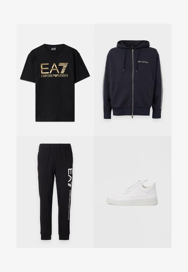 Marineblå hættetrøje med lynlås og hvide sidestrimler samt "Armani Exchange" logo på venstre bryst.; Sort bomulds t-shirt med korte ærmer, med et guldtryk af "EA7 EMPORIO ARMANI" logoet på forsiden. Enkelt design, rund hals.; Sorte sweatpants lavet af strækbart stof. Har en elastisk talje, tapered manchetter og hvid branding på venstre ben.; Hvid lædersneaker med rundet tå, flad sål og snørebånd foran. Har syningsdetaljer og polstret krave for komfort.