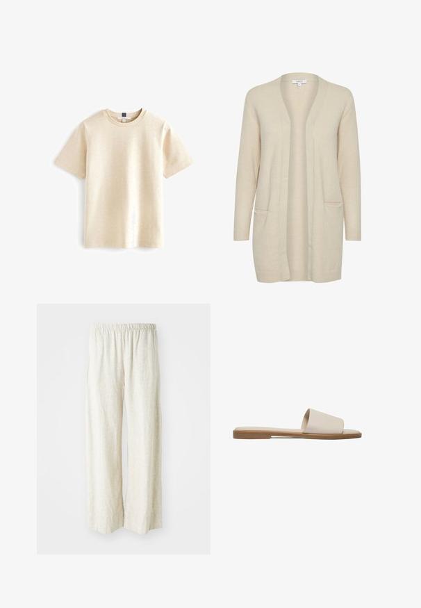 Cárdigan largo beige hecho de una tela suave, con un frente abierto, dos bolsillos frontales y puños y dobladillo acanalados.; Camiseta de manga corta beige hecha de algodón suave, con un escote redondo y un corte relajado con una textura sutil.; Pantalones de lino de pierna ancha en blanco roto con cintura elástica, que presentan una textura transpirable y piernas de corte recto.; Sandalia plana tipo slide con empeine de piel crema y suela marrón claro, diseño minimalista, estilo para calzar fácilmente, calzado casual.