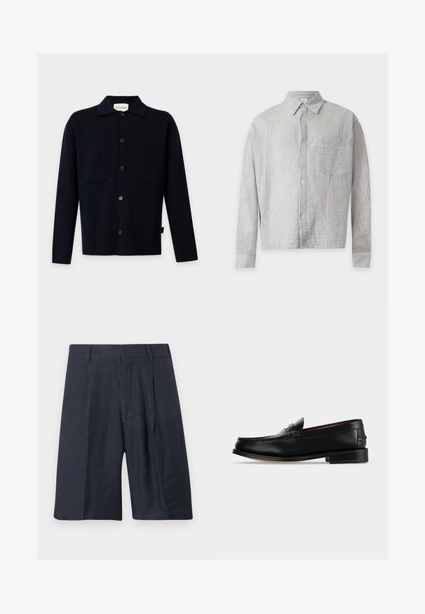 Chemise noire à manches longues boutonnée avec col et deux poches poitrine, présentée sur un fond clair uni.; Chemise à manches longues boutonnée avec fines rayures verticales grises et blanches, col pointu, poche avant et quatre boutons sur le devant.; Shorts bleu marine ajustés arrivant au genou, avec passants pour ceinture, plis devant et fermeture éclair frontale dissimulée.; Mocassin homme en cuir noir avec un petit talon et une couture de style mocassin sur l'avant, vu de côté sur un fond uni.