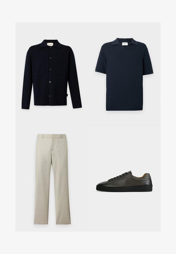 Chemise noire à manches longues boutonnée avec col et deux poches poitrine, présentée sur un fond clair uni.; Polo bleu marine à manches courtes avec un motif ondulé texturé et un petit col ouvert, présenté sur un fond blanc.; Pantalon droit couleur beige clair avec passants pour ceinture, fermeture éclair frontale et texture subtile sur fond blanc.; Basket basse en cuir gris foncé avec lacets et semelle noirs, design minimaliste, profil latéral sur un fond clair uni.