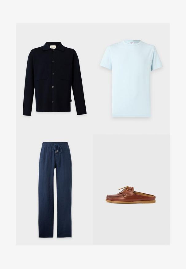 Chemise noire à manches longues boutonnée avec col et deux poches poitrine, présentée sur un fond clair uni.; T-shirt bleu clair à manches courtes en coton doux. Il présente un col rond classique et un design minimaliste, sans motifs ni accents.; Pantalon bleu marine à jambes droites avec taille élastique et cordon de serrage, en tissu léger.; Mocassin marron en cuir à enfiler, avec un design mocassin, présentant des coutures détaillées et un accent de lacet doré. Semelle en caoutchouc pour la traction.