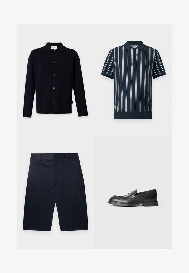 Chemise noire à manches longues boutonnée avec col et deux poches poitrine, présentée sur un fond clair uni.; Polo bleu marine à manches courtes avec des rayures blanches verticales et trois boutons noirs sur la patte de boutonnage.; Shorts bleu marine sur mesure, longueur genou, avec passants de ceinture et fermeture à glissière avant cachée, présentés à plat sur un fond blanc.; Mocassins en cuir noir avec une finition texturée, dotés d'une bride décorative à l'avant et d'un bout arrondi. Semelle en caoutchouc pour plus de durabilité.