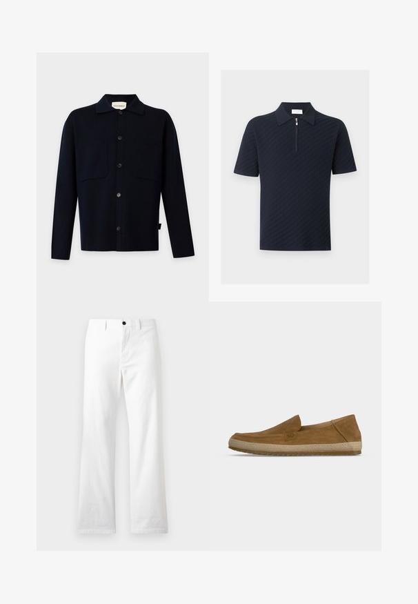 Chemise noire à manches longues boutonnée avec col et deux poches poitrine, présentée sur un fond clair uni.; Polo bleu marine à manches courtes avec motif texturé et fermeture éclair sur le devant s'étendant du col jusqu'à la poitrine.; Pantalon blanc à jambes droites avec bouton frontal et passants de ceinture, présenté sur un fond clair uni.; Chaussure marron en suède sans lacets avec une semelle intermédiaire beige tissée et une semelle extérieure en caoutchouc texturée, présentée de profil sur fond blanc.