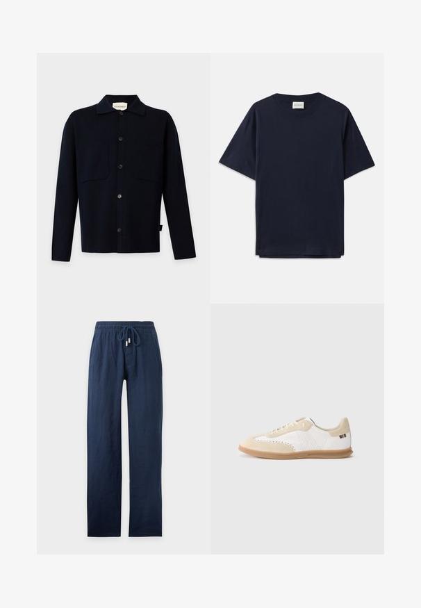 Chemise noire à manches longues boutonnée avec col et deux poches poitrine, présentée sur un fond clair uni.; T-shirt en coton bleu marine à manches courtes, col rond et coupe décontractée. L'étiquette indique "CLOSED" au niveau du col. Texture lisse.; Pantalon bleu marine à jambes droites avec taille élastique et cordon de serrage, en tissu léger.; Baskets blanches avec accents en daim beige clair, détails perforés, lacets plats et semelle en caoutchouc naturel. Présentent un logo rayé sur le talon.