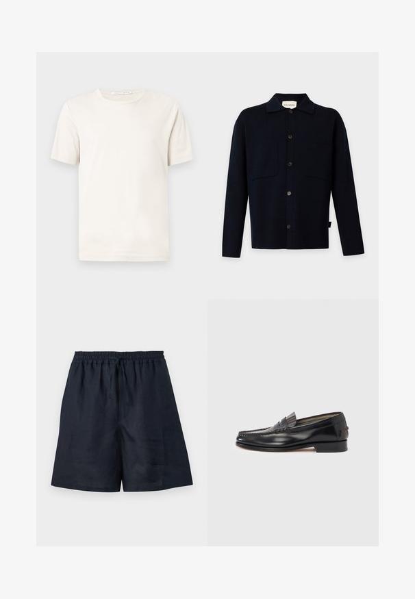 Chemise noire à manches longues boutonnée avec col et deux poches poitrine, présentée sur un fond clair uni.; T-shirt blanc uni à manches courtes et col rond, avec étiquette "Tiger of Sweden" sur le col, présenté sur un fond gris clair.; Shorts bleu marine décontractés avec taille élastique et cordon, tissu léger, longueur genou et coupe droite.; Mocassins en cuir noir avec un design de style mocassin, présentant une bande décorative et un détail de couture sur le dessus. Talon bloc bas.