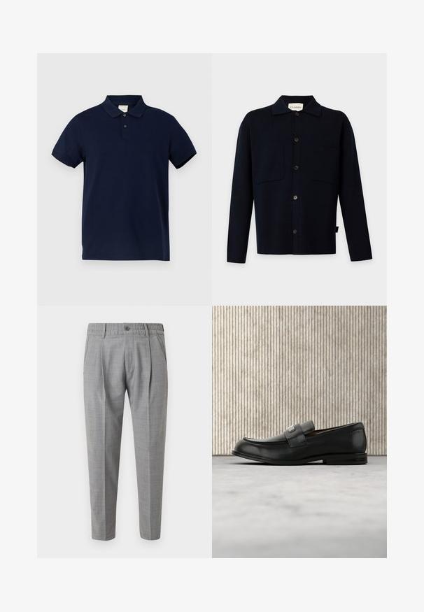 Chemise noire à manches longues boutonnée avec col et deux poches poitrine, présentée sur un fond clair uni.; Polo en bleu marine en coton, avec un col classique, un patte de boutonnage à trois boutons et des manches courtes. Logo discret sur la poitrine.; Pantalon gris clair sur mesure avec ceinture élastique, fermeture par bouton, poches latérales et plis sur le devant, présenté sur un fond uni.; Mocassin en cuir noir avec une plaque de marque en métal reposant près d'une table ronde marron sur un sol recouvert de moquette beige.