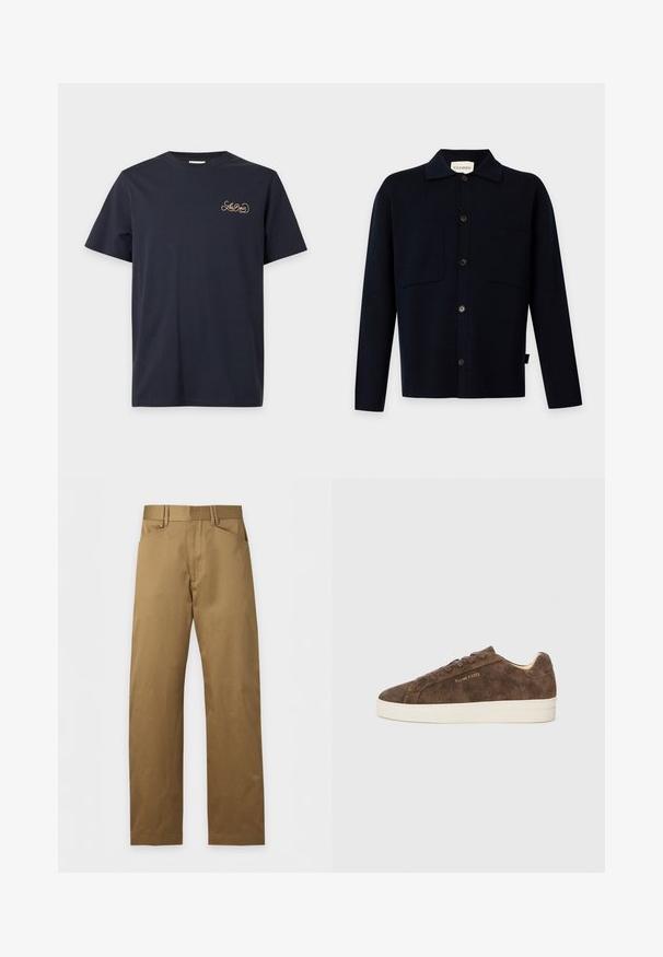 Chemise noire à manches longues boutonnée avec col et deux poches poitrine, présentée sur un fond clair uni.; T-shirt bleu marine foncé à manches courtes avec col rond et petit logo beige "Les Deux" sur la poitrine gauche.; Pantalon kaki droit avec passants de ceinture et poches avant, posé à plat sur un fond clair.; Baskets en daim marron avec une silhouette basse, un bout arrondi et une semelle en caoutchouc blanc. Elles présentent des lacets foncés et un logo discret sur le côté.