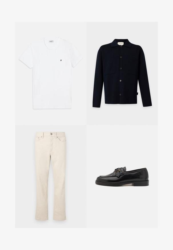 Camisa negra de manga larga con botones, cuello y dos bolsillos en el pecho, mostrada sobre un fondo claro y liso.; Camiseta blanca de algodón con cuello redondo y mangas cortas. Presenta un pequeño logo negro con una "D" en la parte izquierda del pecho.; Vaqueros de mezclilla en color beige, de mezcla de algodón, con un diseño de pierna recta. Presentan un cierre frontal con botón y cremallera, cinco bolsillos y detalles de costura sutiles.; Mocasines de cuero negro con punta redonda y un acento decorativo de hebilla. Tacón plano y sólido, con una textura suave en todo el zapato.