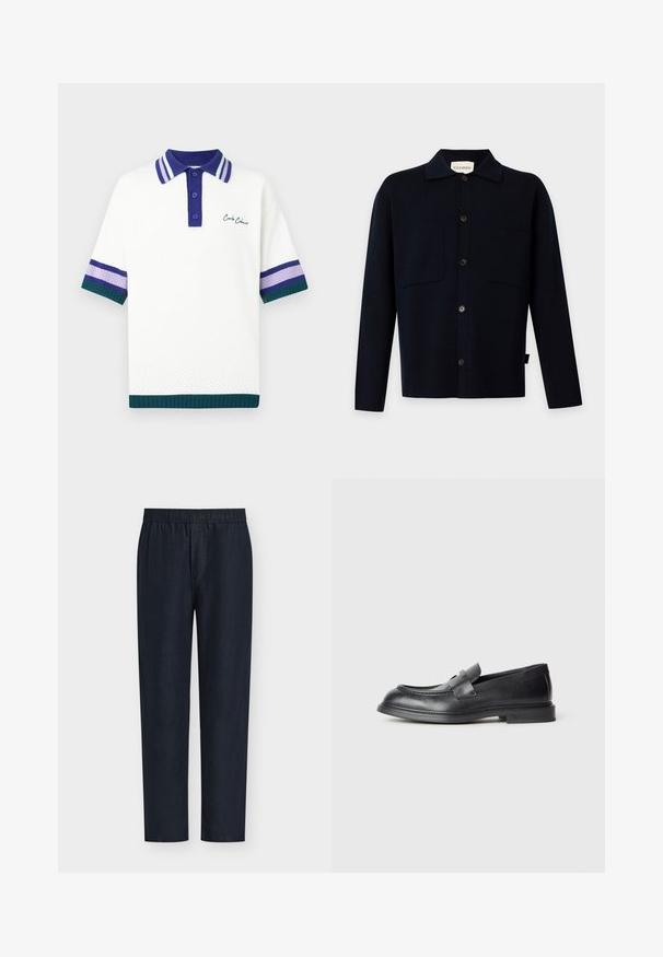 Chemise noire à manches longues boutonnée avec col et deux poches poitrine, présentée sur un fond clair uni.; Polo blanc en maille texturée. Col bleu marine à rayures avec accents rayés en violet et vert sur les manches. Marquage brodé.; Pantalon bleu marine à jambes droites avec une ceinture élastique, sans poches visibles ni ornements, présenté sur un fond clair uni.; Mocassins en cuir noir avec une finition texturée, dotés d'une bride décorative à l'avant et d'un bout arrondi. Semelle en caoutchouc pour plus de durabilité.