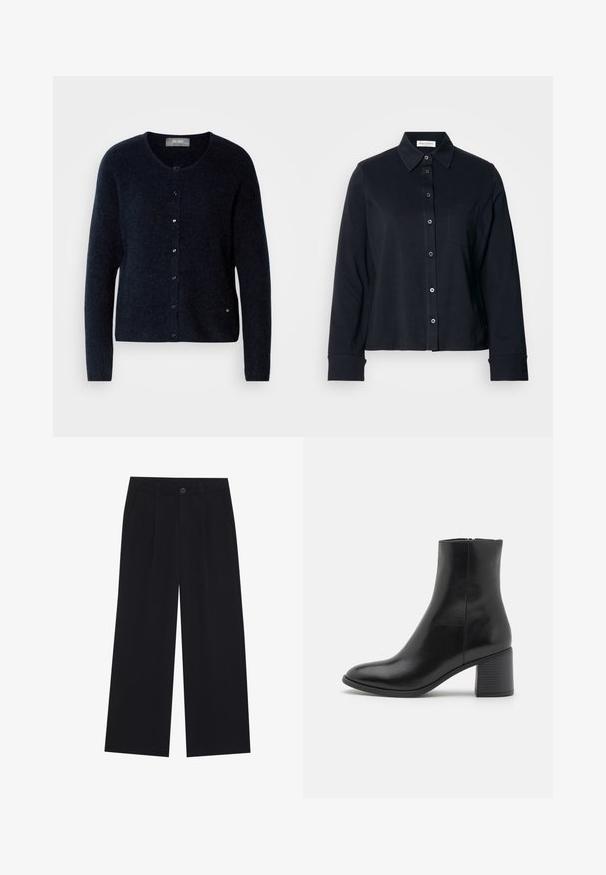 Mos Mosh ALMINE - Strickjacke - salute navy; Schwarzes Baumwollhemd mit durchgeknöpftem Vorderteil, Kragen, langen Ärmeln und einer Brusttasche. Es verfügt über eine glatte Textur und ein strukturiertes Design.; Schwarze weit geschnittene Hose aus einem glatten Stoff. Mit Vorderfalten, einem Knopfverschluss und seitlichen Taschen. Schlichtes Design ohne Muster.; Schwarze Lederstiefelette mit abgerundetem Zehenbereich, mittelhohem Blockabsatz und glatter Oberfläche. Verfügt über einen dezenten seitlichen Reißverschluss.