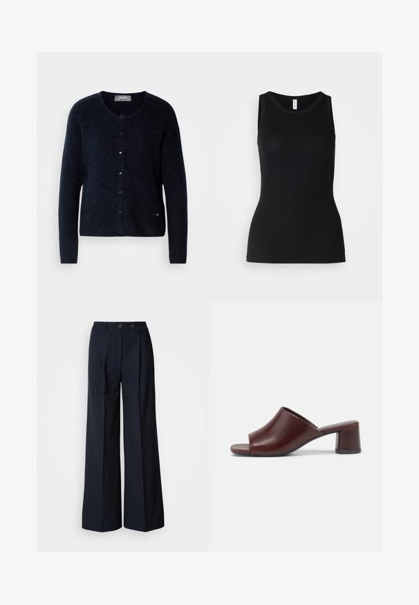 Mos Mosh ALMINE - Strickjacke - salute navy; Schwarzes ärmelloses Tanktop aus geripptem Stoff, mit rundem Ausschnitt und figurbetontem Design, glatter Textur und ohne Muster.; Marineblau gestreifte weite Hose mit zwei vorderen Knöpfen, taillierter Schnitt, Bügelfalte vorne und glatter Textur.; Dunkelburgunderfarbene, offene Sandalen aus glattem Leder mit einem abgerundeten Design und einem stabilen Blockabsatz. Seitliche Ansicht gezeigt.