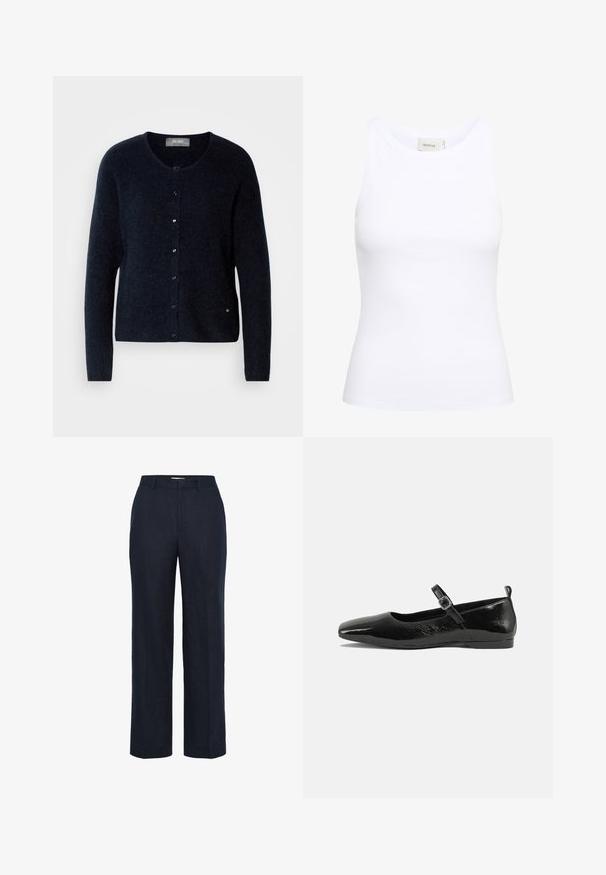 Mos Mosh MMALMINE KNIT CARDIGAN - Cardigan - salute navy; Hvid ribbet tanktop med rund halsudskæring og uden ærmer. Strækbart stof og tætsiddende design. Etiketten bagpå viser "GESTUZ."; Marineblå bukser lavet af stof med en subtil struktur. Har et lige ben-design og et klassisk taljebånd. Ingen synlige lommer eller detaljer.; Sorte patentlæder flade sko med spidse tæer, en ankelrem med spænde og en glat, blank tekstur. Lav hæl for komfort.