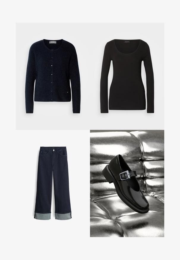 Mos Mosh ALMINE - Vest - salute navy; Zwarte langetermijn top met een scoop halslijn, gemaakt van zachte, rekbare stof. Heeft een getailleerde pasvorm en een gladde textuur. Merklabel zichtbaar.; Donkerblauwe denim wijdvallende jeans met een hoge taille, voorzien van opgerolde zoommanchetten in een lichter blauwe stof en een standaard vierzakkenontwerp.; Zwarte leren Mary Jane-schoenen met een vierkante neus, een zilveren gesp accent en een chunky lage hak, tegen een glanzende zilveren achtergrond.