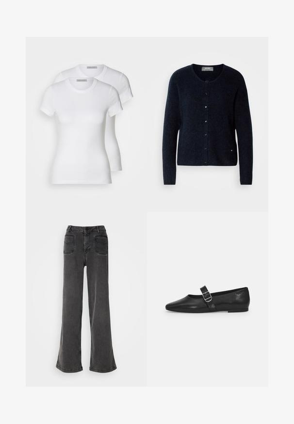 Mos Mosh MMALMINE KNIT CARDIGAN - Vest - salute navy; Twee witte katoenen t-shirts met korte mouwen, ronde halslijnen en een getailleerd silhouet, met een zachte textuur en minimalistisch ontwerp.; Hoge taille, wijd-uitlopende zwarte jeans gemaakt van denim, met een knoopsluiting, riemlussen en twee achterzakken met gestikte accenten.; Zwarte leren platte schoen met een ronde neus, een enkele verstelbare gespsluiting en een gladde, glanzende textuur. Minimalistisch ontwerp met een lage hak.