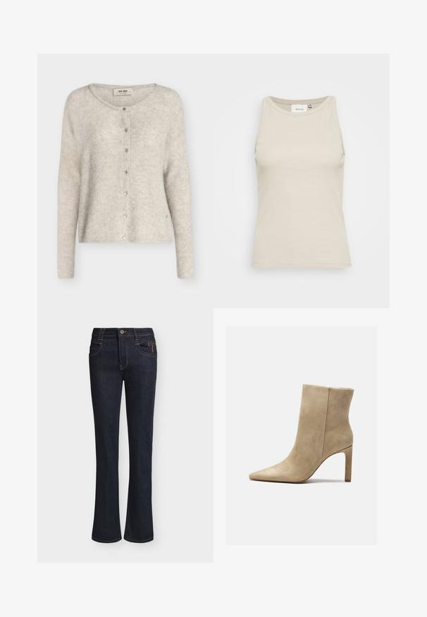 Cardigan en maille gris clair à manches longues, col rond, fermeture à boutons-pression à l'avant, étiqueté "Mos Mosh."; Débardeur beige clair en tissu côtelé avec un col rond et une conception sans manches. Présente une étiquette de marque discrète à l'intérieur.; Jean en denim bleu foncé avec jambes légèrement évasées, fermeture devant par bouton et zip, poches avant et détails de couture visibles.; Zign by Zalando Bottines à talons hauts - beige