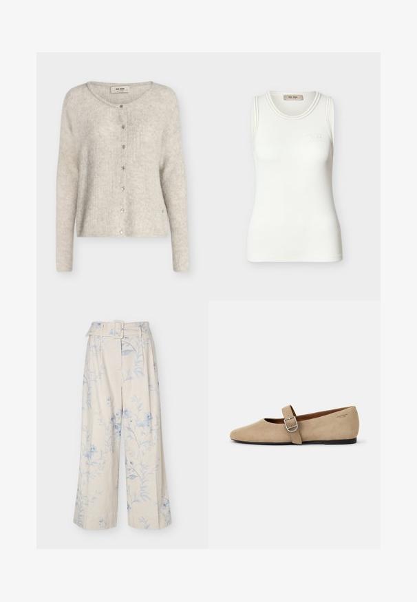 Cardigan en maille gris clair à manches longues, col rond, fermeture à boutons-pression à l'avant, étiqueté "Mos Mosh."; Débardeur blanc à côtes, sans manches, avec un col rond et un logo discret "Mos Mosh" sur la poitrine.; Pantalon crème à jambes larges avec imprimé floral bleu clair et ceinture en tissu assortie avec boucle rectangulaire.; Ballerines en daim beige de style Mary Jane avec un bout pointu et une seule sangle réglable dotée d'une boucle en métal argenté. Semelle plate noire.