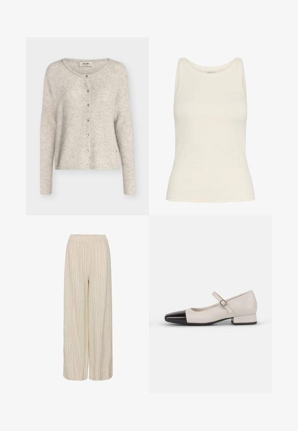 Cardigan en maille gris clair à manches longues, col rond, fermeture à boutons-pression à l'avant, étiqueté "Mos Mosh."; Débardeur crème en tissu côtelé, avec un col rond et un design sans manches, doté d'une silhouette ajustée et d'une texture lisse.; Pantalon beige à jambes larges avec fines rayures verticales et taille élastique, fabriqué en tissu léger.; Chaussure de style Mary Jane en cuir crème avec un bout en vernis noir. Présente un bout rond, une sangle de cheville avec une boucle carrée et un petit talon carré.