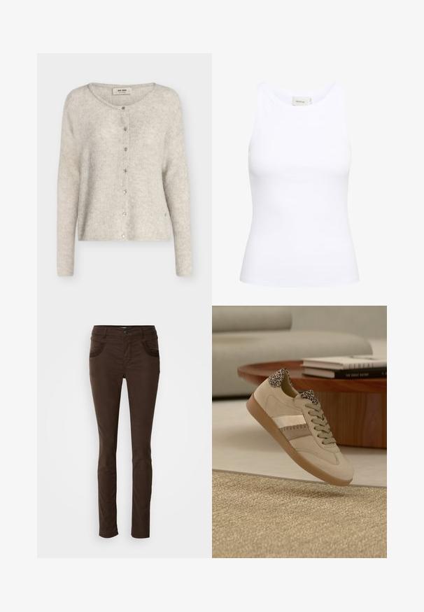 Hellgrauer Strickcardigan mit langen Ärmeln, rundem Ausschnitt und vorderer Druckknopfverschluss, mit dem Etikett "Mos Mosh."; Weißes, geripptes Tanktop mit Rundhalsausschnitt und ohne Ärmel. Elastisches Material und figurbetontes Design. Das Etikett auf der Rückseite trägt die Aufschrift "GESTUZ."; Braune, schlank geschnittene Stoffhosen aus Baumwollmischgewebe. Verfügt über eine dekorative Steppnaht an den Fronttaschen, einen Knopfverschluss und eine glatte Textur.; Beiger Sportschuh mit Obermaterial aus Wildleder, metallischem Streifen und Leopardenmuster-Akzenten an der Ferse. Gummisohle mit strukturiertem Griff.