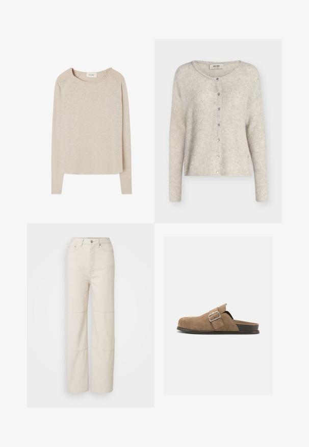 Hellgrauer Strickcardigan mit langen Ärmeln, rundem Ausschnitt und vorderer Druckknopfverschluss, mit dem Etikett "Mos Mosh."; Beige Langarmshirt aus einem weichen, strukturierten Stoff. Mit rundem Halsausschnitt und Raglanärmeln. Abgerundeter Saum mit lockerer Passform.; Helle beige weit geschnittene Jeans aus Baumwolle. Mit hoher Taille, vorderem Knopfverschluss und zwei horizontalen Nahtakzenten an den Beinen.; Brauner Veloursleder-Slipper mit schwarzer Sohle und verstellbarem Schnallenriemen, Seitenansicht vor weißem Hintergrund.