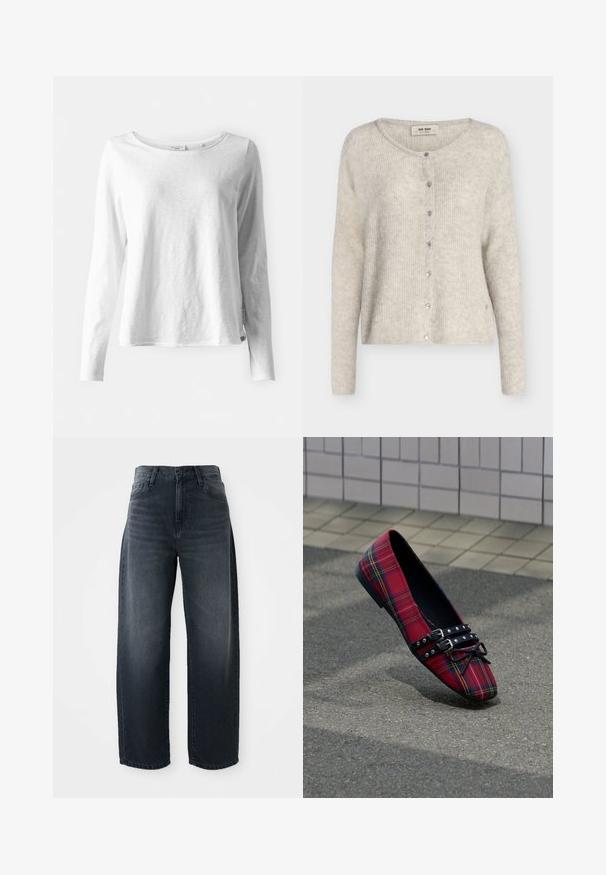 Lichtgrijze gebreide cardigan met lange mouwen, ronde hals en sluiting aan de voorkant met drukknopen, gelabeld "Mos Mosh."; Langarm witte T-shirt van zacht, lichtgewicht materiaal; heeft een ronde hals en een licht aansluitende pasvorm; label zichtbaar aan de zijkant.; Wijd gesneden jeans in een donkere denimwas, met een hoge taille, klassieke knoop- en ritssluiting en subtiele vervaging aan de voorkant.; Rode tartan platte schoen met spitse neus, zwarte met studs versierde dubbele riemen en strik, geplaatst op asfalt nabij een betegelde muur als achtergrond.