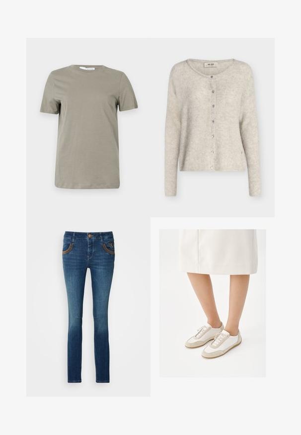 Cárdigan de punto gris claro con mangas largas, cuello redondo y cierre frontal con botones automáticos, etiquetado "Mos Mosh."; Camiseta de manga corta en color caqui, confeccionada en una tela suave. Cuello redondo; dobladillo recto. Diseño minimalista sin patrones o acentos visibles.; Jeans de mezclilla de un azul oscuro con corte ajustado. Cuenta con dos bolsillos frontales con acentos marrones y cierre de botón. Desgaste sutil en las piernas.; Persona con zapatillas blancas con detalles de ante beige y una falda blanca hasta la rodilla, de pie frente a un fondo blanco.