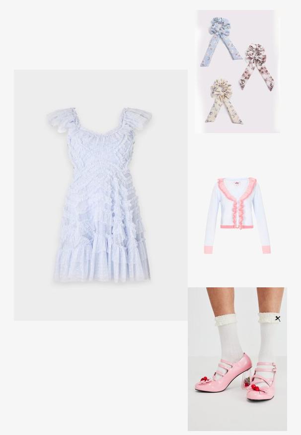 Cardigan bleu clair avec détail à volants roses le long du col et à l'avant. Ce modèle possède des manches longues, cinq boutons blancs et un ourlet côtelé.; Robe bleu clair avec des bretelles à volants, tissu texturé, design en couches et accents à pois. Ourlet évasé avec des volants tout au long.; Talons hauts en cuir verni rose avec un bout arrondi, trois brides et des embellissements en cerise. Le talon bloc transparent présente des accents floraux. Chaussettes blanches à côtes.; Trois accessoires capillaires en tissu : bleu clair avec des motifs floraux, beige doux avec des fleurs et rose avec des motifs floraux, chacun avec des queues en ruban.