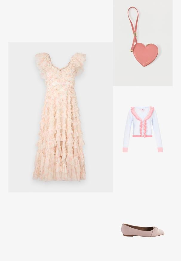 Hellblauer Cardigan mit pinken Rüschendetails am Kragen und an der Vorderseite. Mit langen Ärmeln, fünf weißen Knöpfen und einem gerippten Saum.; Needle & Thread DITSY LOLA BACKLESS BALLERINA DRESS - Cocktailkleid/festliches Kleid - moonshine pink; Helle rosa Ballerinas aus glattem Material, mit runder Zehenpartie und einem kleinen geknoteten Detail an der Oberseite. Flache Sohle.; Pinkes herzförmiges Leder-Münzetui mit Handgelenkriemen und goldenem Reißverschluss, mit kleinem goldfarbenem "Furla"-Schriftzug.