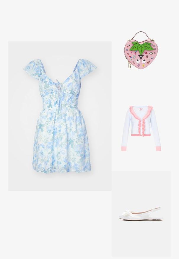 Lys blå cardigan med pink ruffles detalje langs kraven og foran. Har lange ærmer, fem hvide knapper og ribbet kant.; Blomsterkjole i lyseblå og hvid, korte puffærmer, bindebånd foran, sammenpresset talje og svajet nederdel, lavet i et blødt, tekstureret stof.; Hvide satinballet flats med en knyttet sløjfedetalje ved tåen, åben hælkappe og en lav profil hæl med et metallisk element.; Håndtaske formet som et hjerte i pink med grønne blade på toppen og forskellige farverige tegneserie-patches inklusive øjne, en mariehøne og emojis.