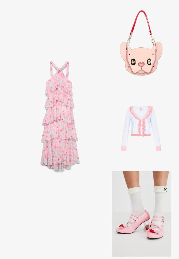 Lys blå cardigan med pink ruffles detalje langs kraven og foran. Har lange ærmer, fem hvide knapper og ribbet kant.; Vero Moda VMFELICIA SL RUFFLE MAXI DRESS EXP - Maxikjoler - pink tulle; Lyserøde laklæderhæle med rund tå, tre remme og kirsebærpynt. Klart blokhæl med blomsterdekorationer. Hvide ribbede sokker.; Lille lyserød håndtaske formet som en hunds ansigt med hjerteformet næseudskæring og rød aftagelig skulderrem.